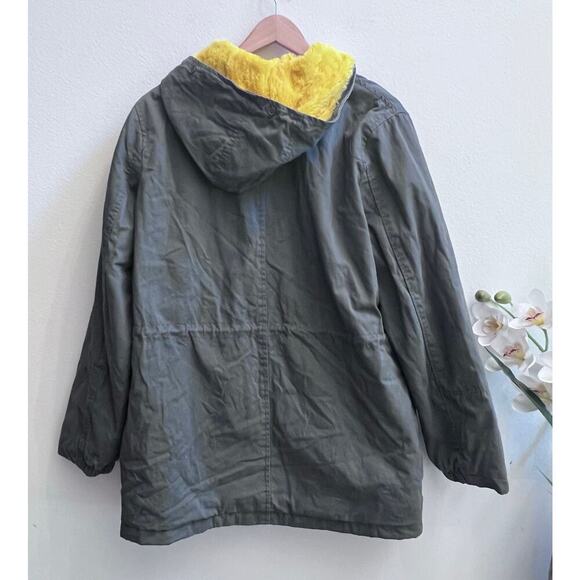 Women's Army Green Cinch Waist Hooded Soft Fur Yellow Quilted Jacket Size XL - Picture 2 of 8